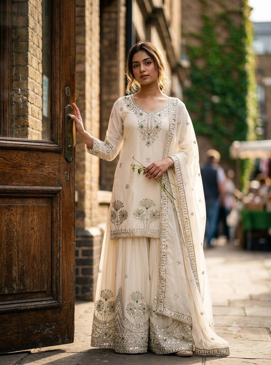 Designer Pure Natural Satin Silk Sequence Embroidery & Stone Handwork Top, Sharara & Dupatta Set