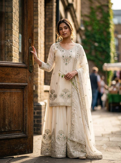 Designer Pure Natural Satin Silk Sequence Embroidery & Stone Handwork Top, Sharara & Dupatta Set