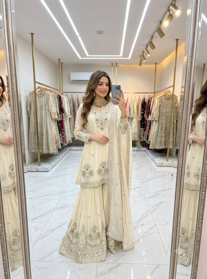 Designer Pure Natural Satin Silk Sequence Embroidery & Stone Handwork Top, Sharara & Dupatta Set