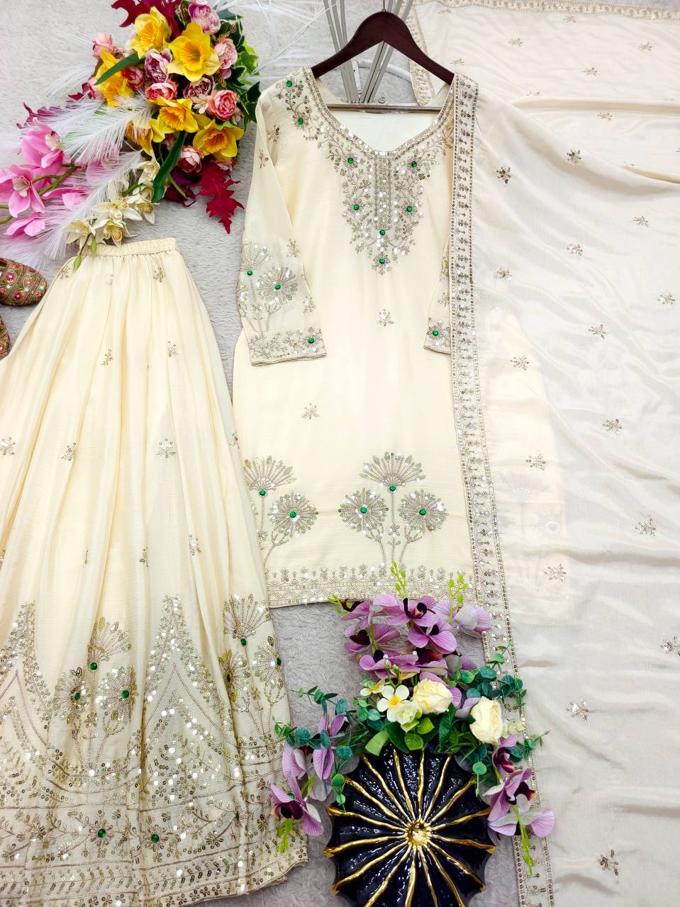 Designer Pure Natural Satin Silk Sequence Embroidery & Stone Handwork Top, Sharara & Dupatta Set