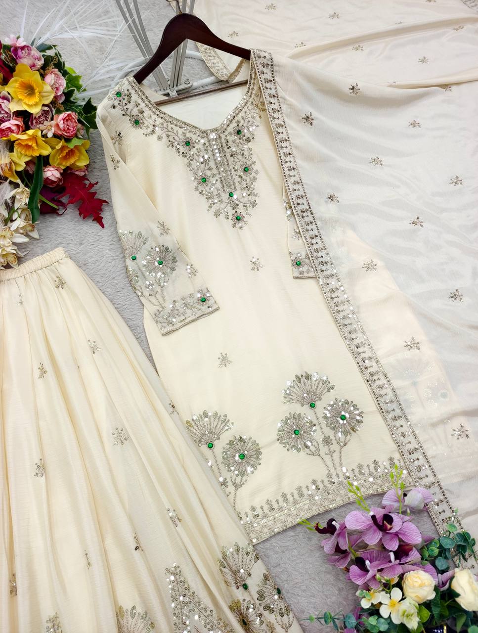 Designer Pure Natural Satin Silk Sequence Embroidery & Stone Handwork Top, Sharara & Dupatta Set