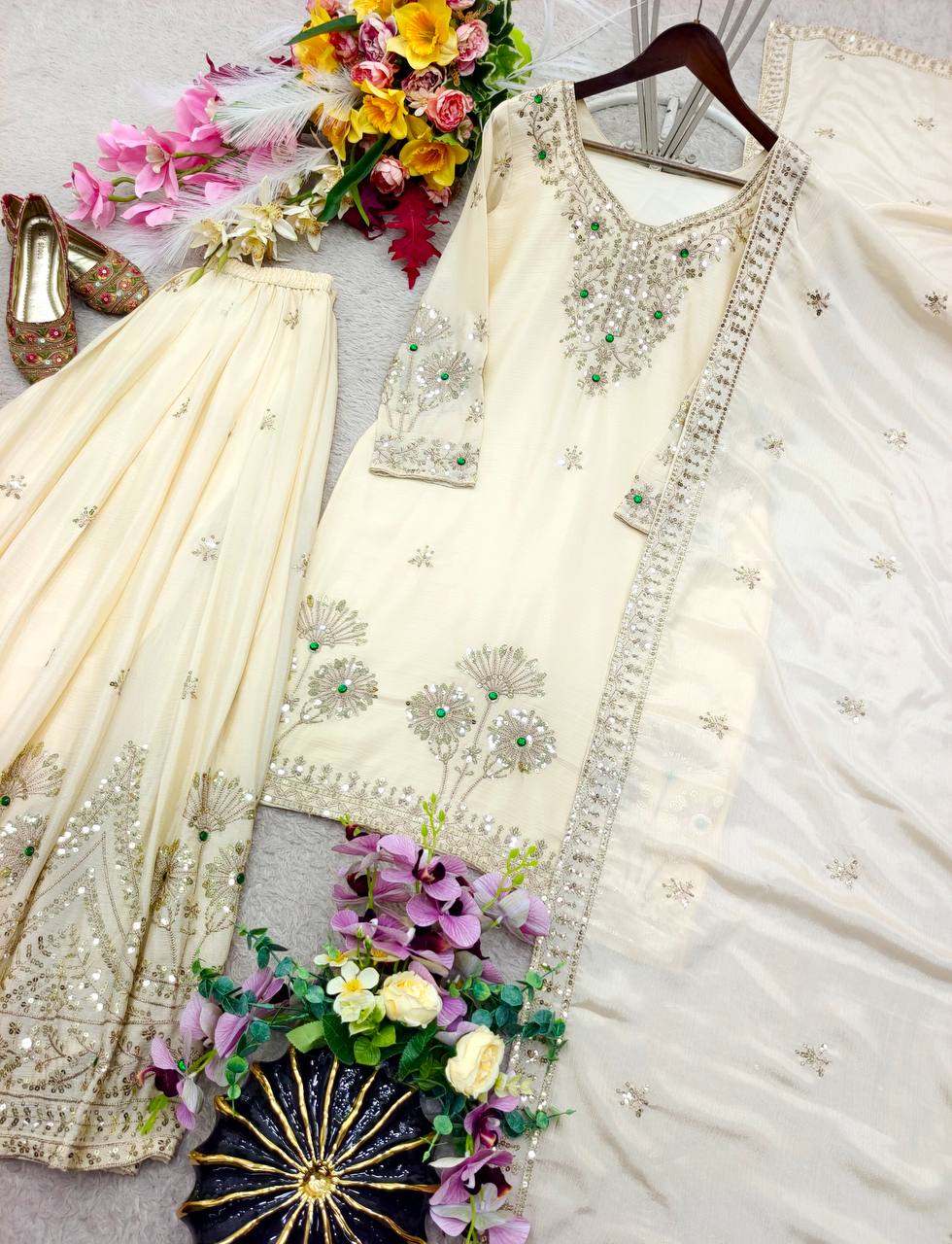 Designer Pure Natural Satin Silk Sequence Embroidery & Stone Handwork Top, Sharara & Dupatta Set