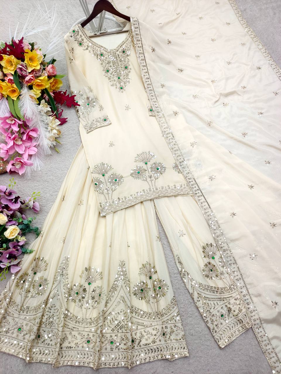 Designer Pure Natural Satin Silk Sequence Embroidery & Stone Handwork Top, Sharara & Dupatta Set