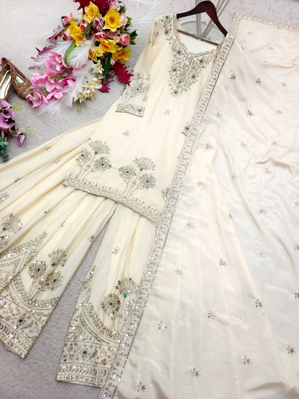 Designer Pure Natural Satin Silk Sequence Embroidery & Stone Handwork Top, Sharara & Dupatta Set