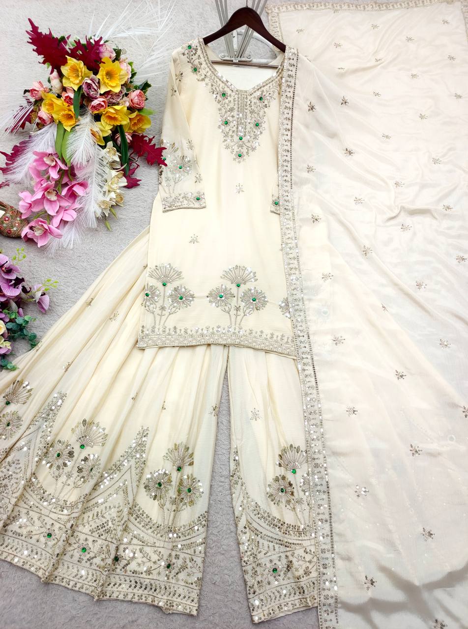 Designer Pure Natural Satin Silk Sequence Embroidery & Stone Handwork Top, Sharara & Dupatta Set