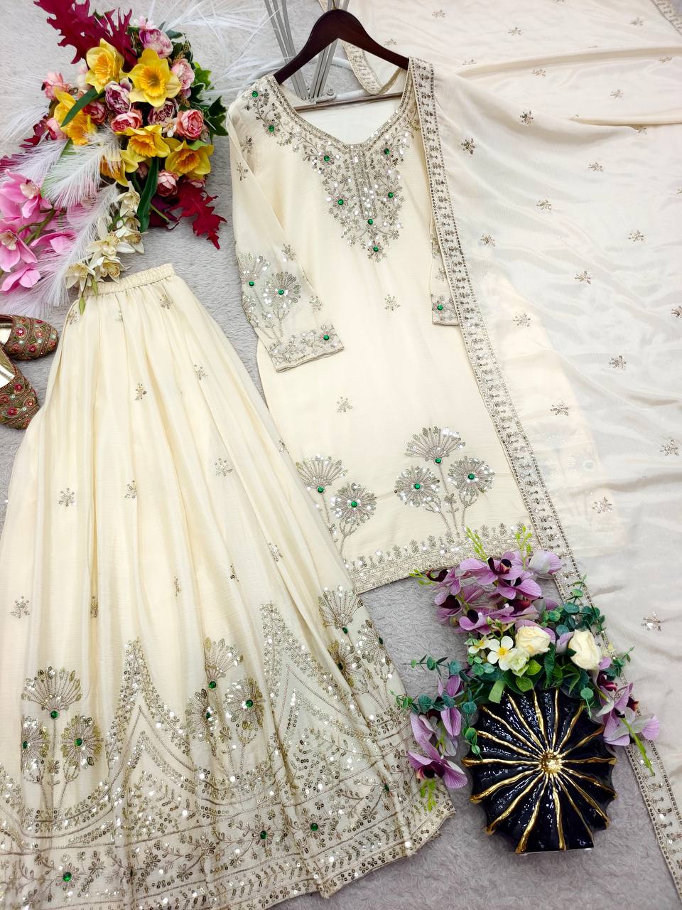 Designer Pure Natural Satin Silk Sequence Embroidery & Stone Handwork Top, Sharara & Dupatta Set