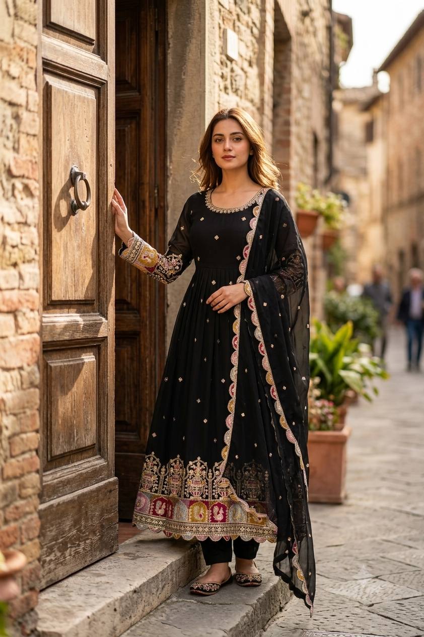 Designer Pure Blooming Georgette Sequence & Coding Dori Embroidery Gown, Pant & Dupatta Set with Padded Bust & Latkan