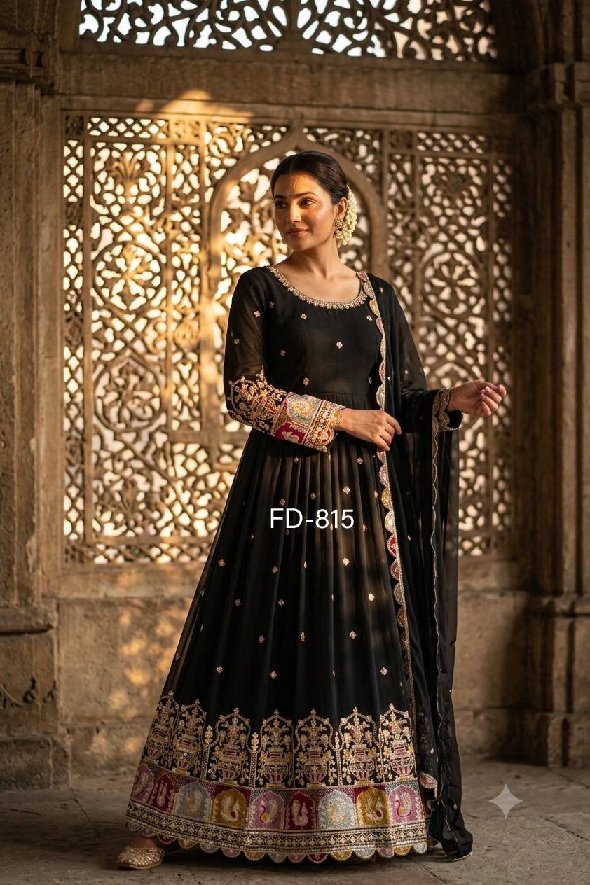 Designer Pure Blooming Georgette Sequence & Coding Dori Embroidery Gown, Pant & Dupatta Set with Padded Bust & Latkan