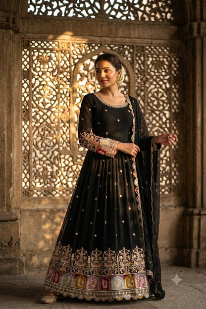 Designer Pure Blooming Georgette Sequence & Coding Dori Embroidery Gown, Pant & Dupatta Set with Padded Bust & Latkan