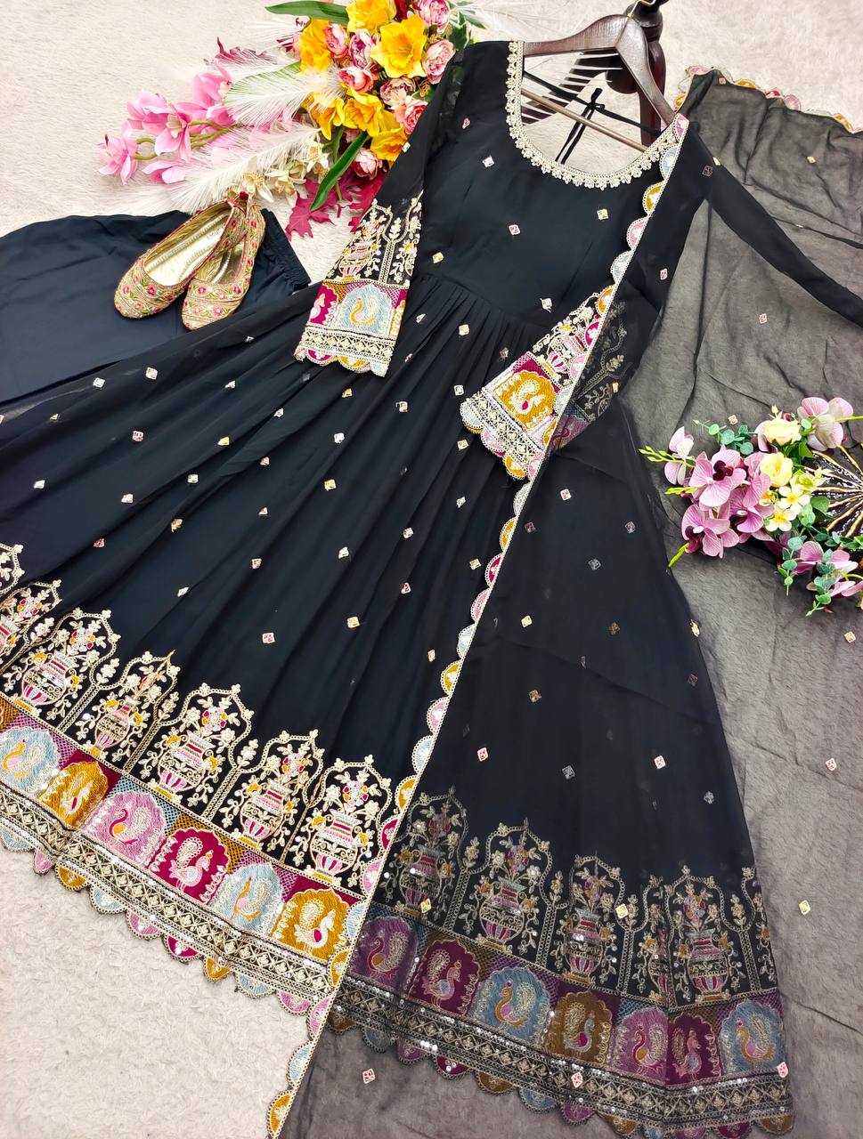 Designer Pure Blooming Georgette Sequence & Coding Dori Embroidery Gown, Pant & Dupatta Set with Padded Bust & Latkan
