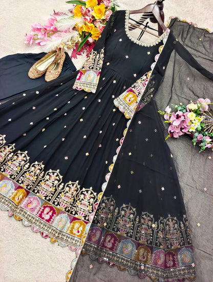 Designer Pure Blooming Georgette Sequence & Coding Dori Embroidery Gown, Pant & Dupatta Set with Padded Bust & Latkan