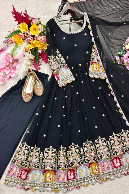 Designer Pure Blooming Georgette Sequence & Coding Dori Embroidery Gown, Pant & Dupatta Set with Padded Bust & Latkan