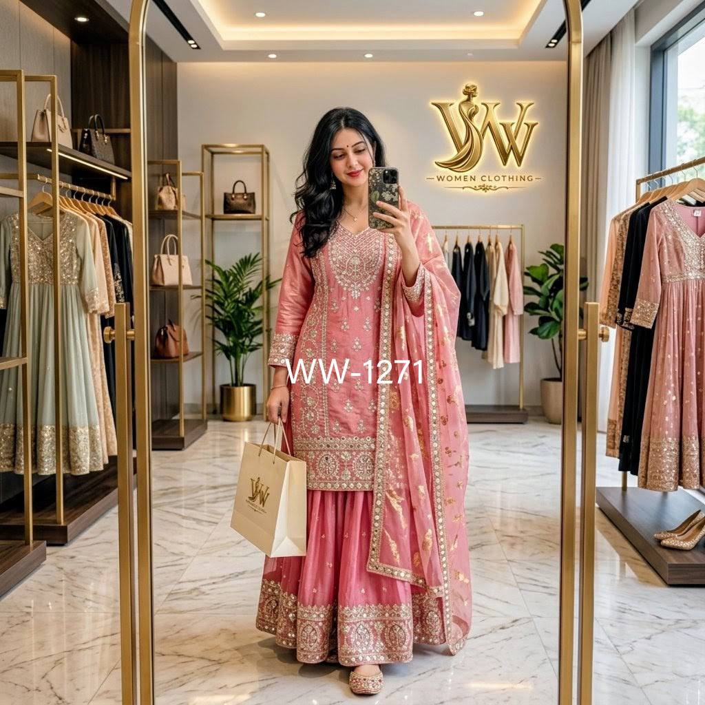 Designer Pure Fendy Silk Pink Sequence Embroidery Work Top, Sharara & Dupatta Set