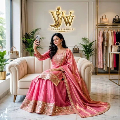 Designer Pure Fendy Silk Pink Sequence Embroidery Work Top, Sharara & Dupatta Set