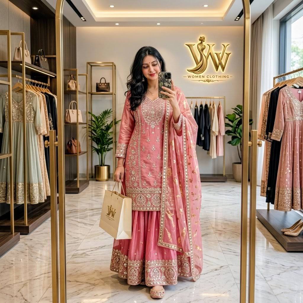 Designer Pure Fendy Silk Pink Sequence Embroidery Work Top, Sharara & Dupatta Set