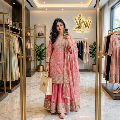 Designer Pure Fendy Silk Pink Sequence Embroidery Work Top, Sharara & Dupatta Set
