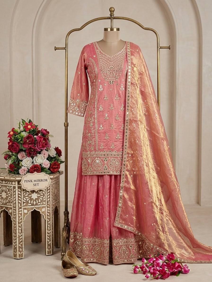 Designer Pure Fendy Silk Pink Sequence Embroidery Work Top, Sharara & Dupatta Set