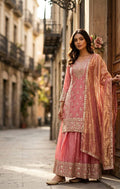 Designer Pure Fendy Silk Pink Sequence Embroidery Work Top, Sharara & Dupatta Set