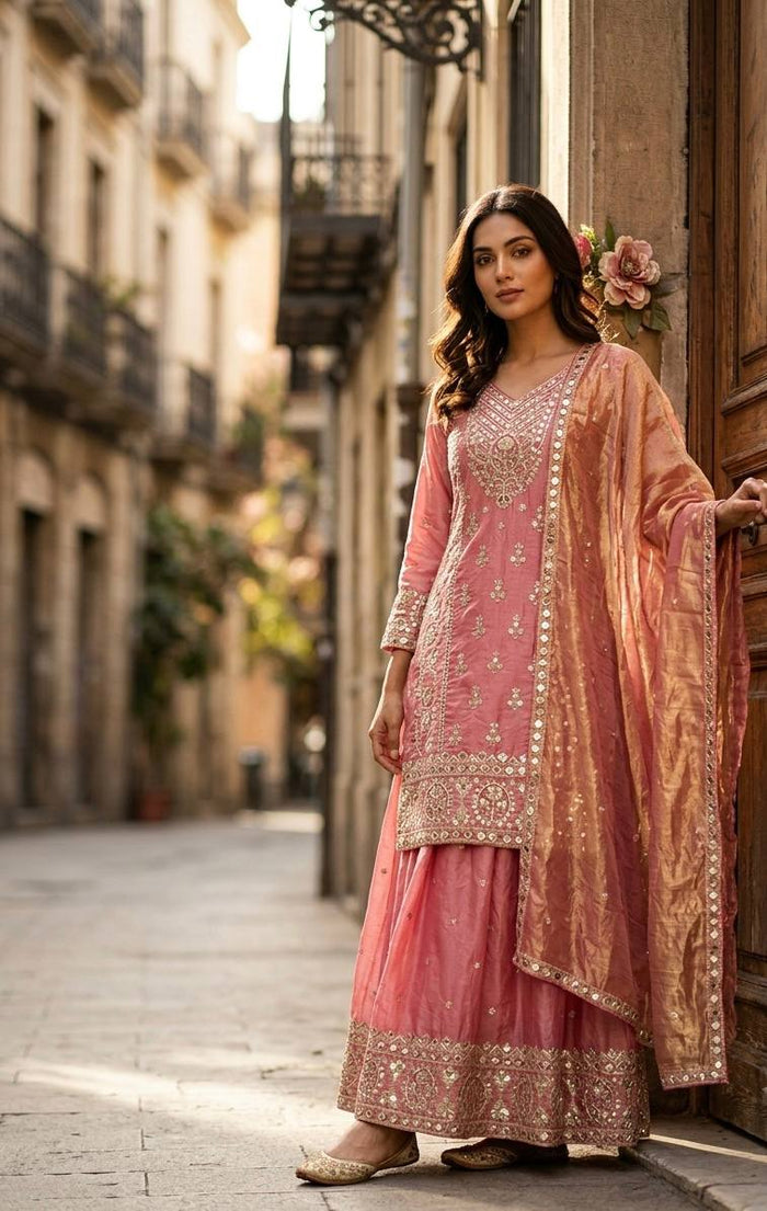 Designer Pure Fendy Silk Pink Sequence Embroidery Work Top, Sharara & Dupatta Set