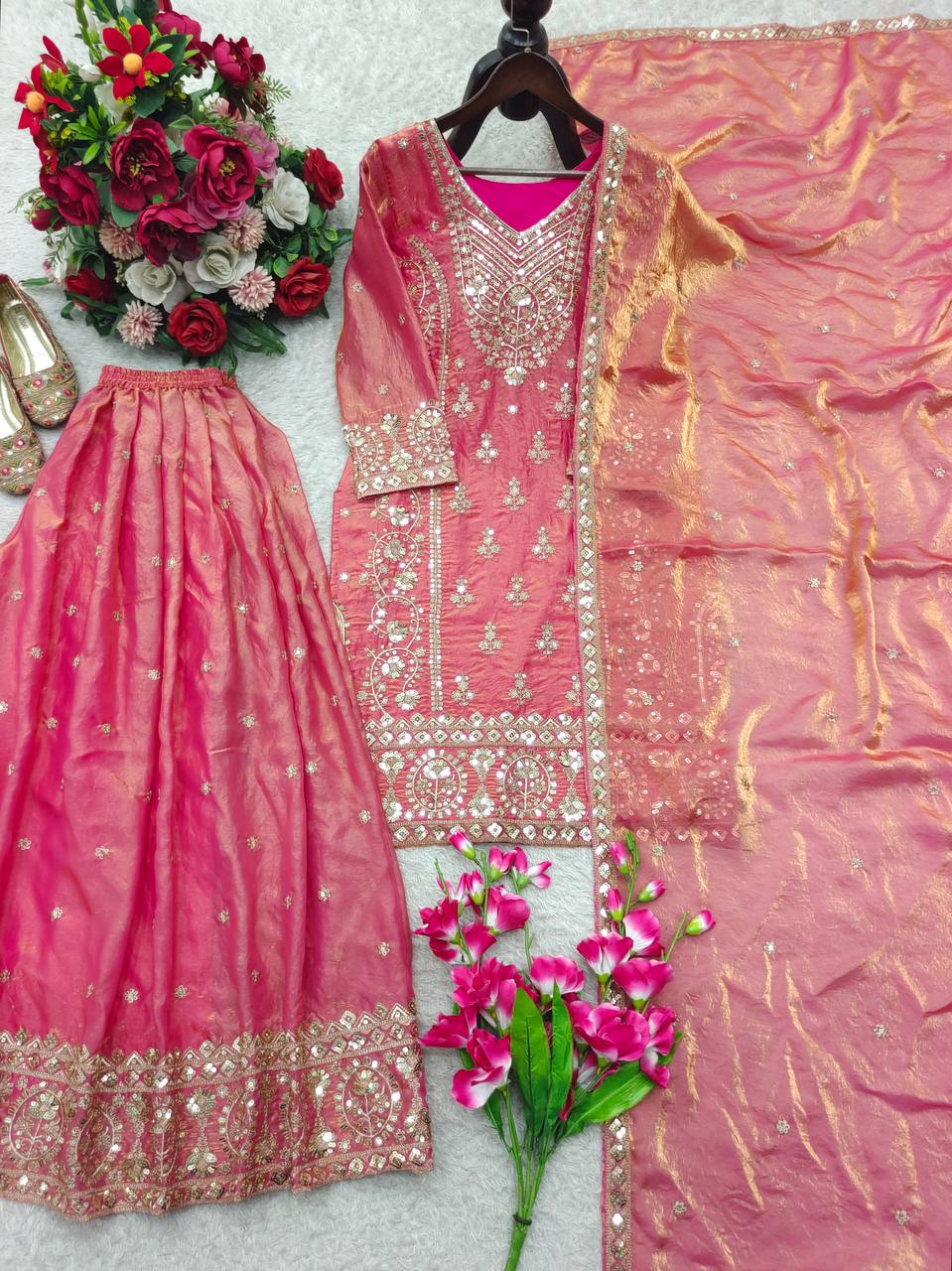 Designer Pure Fendy Silk Pink Sequence Embroidery Work Top, Sharara & Dupatta Set