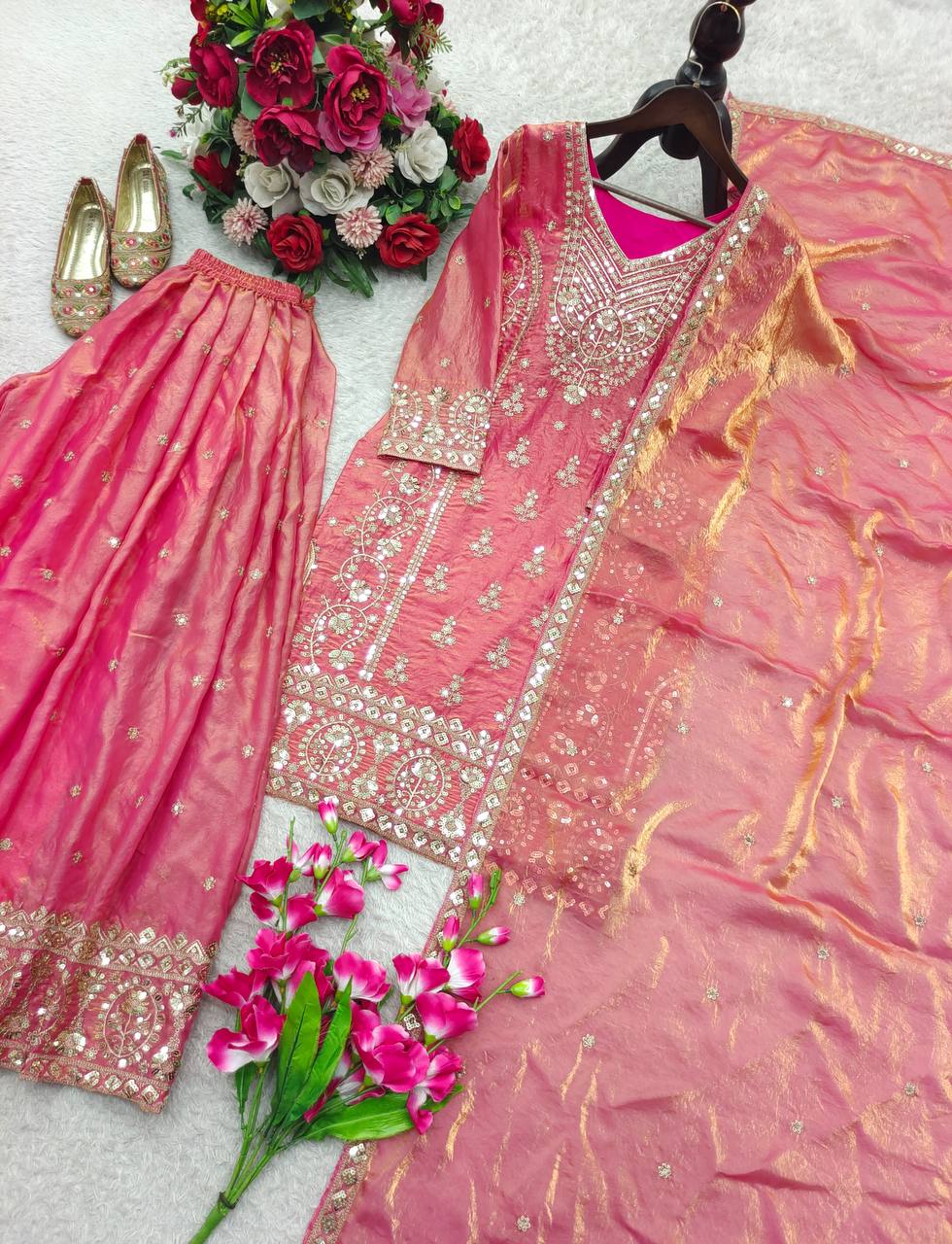 Designer Pure Fendy Silk Pink Sequence Embroidery Work Top, Sharara & Dupatta Set