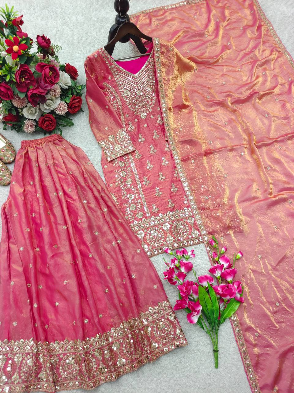 Designer Pure Fendy Silk Pink Sequence Embroidery Work Top, Sharara & Dupatta Set