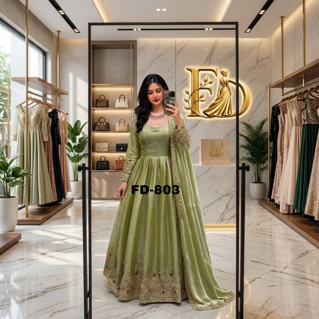Designer Pure Pistachio Green ZMY Silk Sequence Embroidery & Stone Work Gown, Pant & Dupatta Set