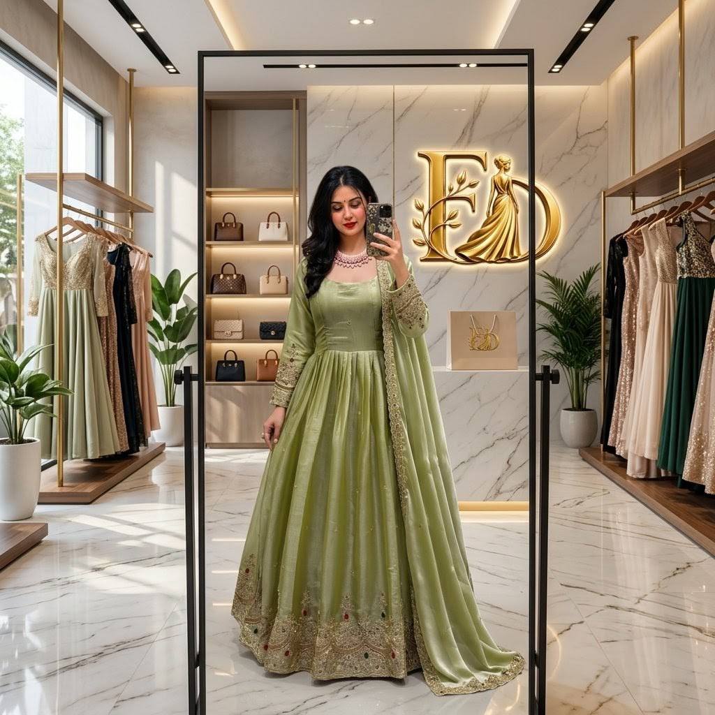 Designer Pure Pistachio Green ZMY Silk Sequence Embroidery & Stone Work Gown, Pant & Dupatta Set