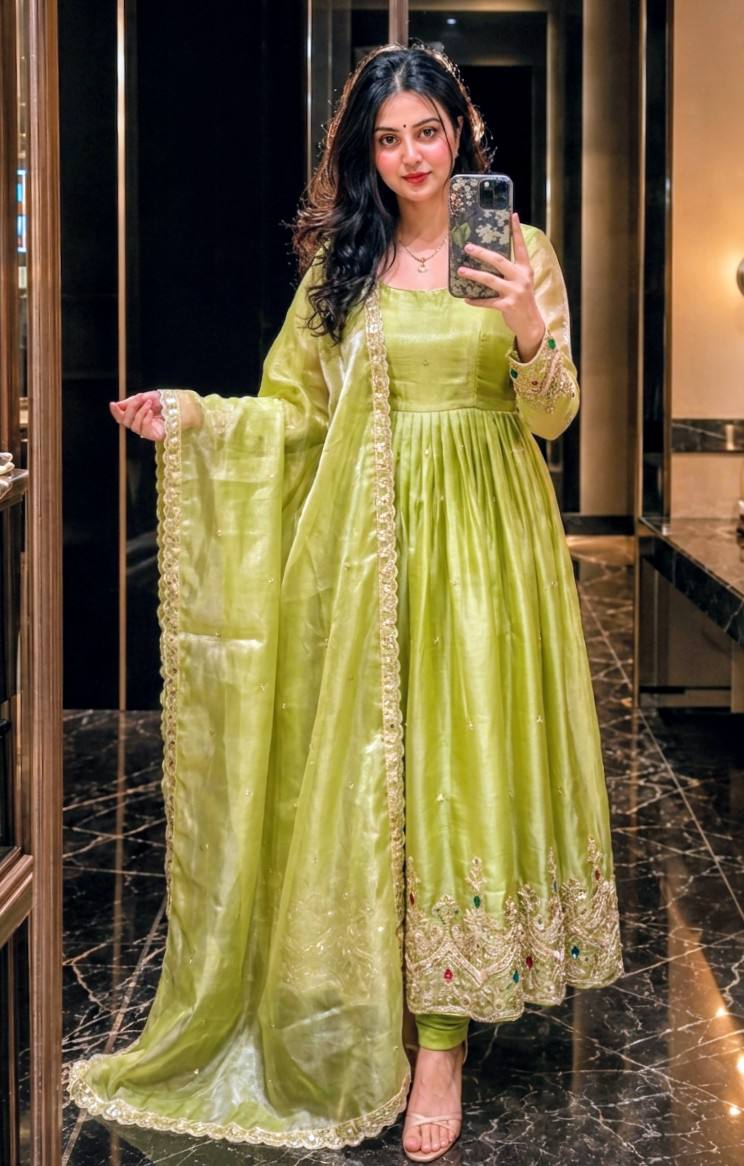 Designer Pure Pistachio Green ZMY Silk Sequence Embroidery & Stone Work Gown, Pant & Dupatta Set