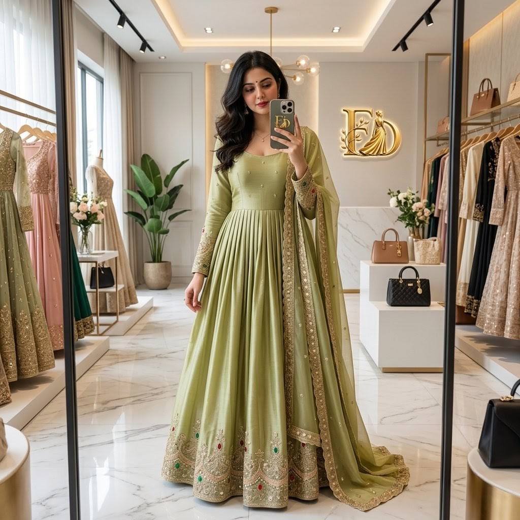 Designer Pure Pistachio Green ZMY Silk Sequence Embroidery & Stone Work Gown, Pant & Dupatta Set
