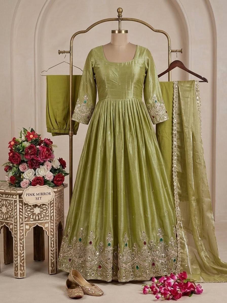 Designer Pure Pistachio Green ZMY Silk Sequence Embroidery & Stone Work Gown, Pant & Dupatta Set