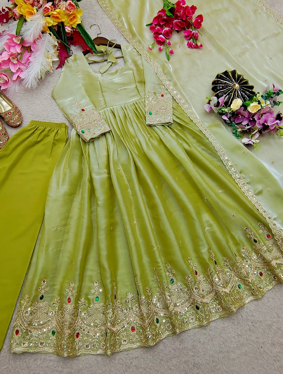 Designer Pure Pistachio Green ZMY Silk Sequence Embroidery & Stone Work Gown, Pant & Dupatta Set