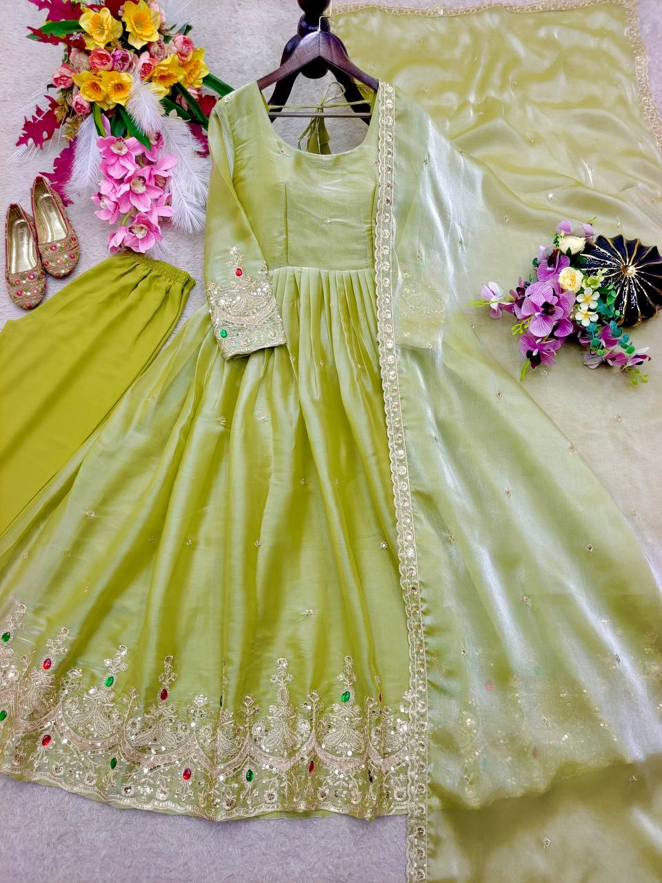 Designer Pure Pistachio Green ZMY Silk Sequence Embroidery & Stone Work Gown, Pant & Dupatta Set