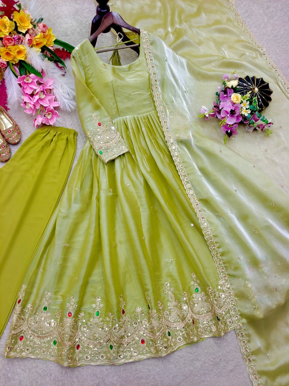 Designer Pure Pistachio Green ZMY Silk Sequence Embroidery & Stone Work Gown, Pant & Dupatta Set