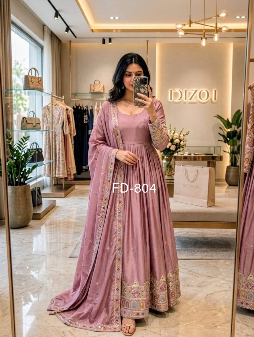 Designer Dusty Lavender Pure Chinon Silk Sequence Embroidery Gown, Pant & Dupatta Set