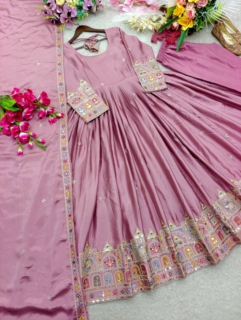 Designer Dusty Lavender Pure Chinon Silk Sequence Embroidery Gown, Pant & Dupatta Set