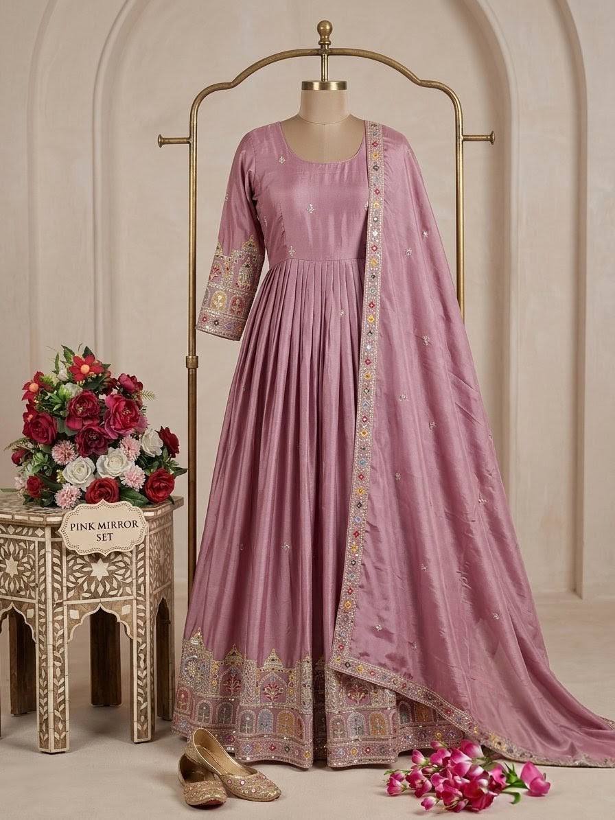Designer Dusty Lavender Pure Chinon Silk Sequence Embroidery Gown, Pant & Dupatta Set