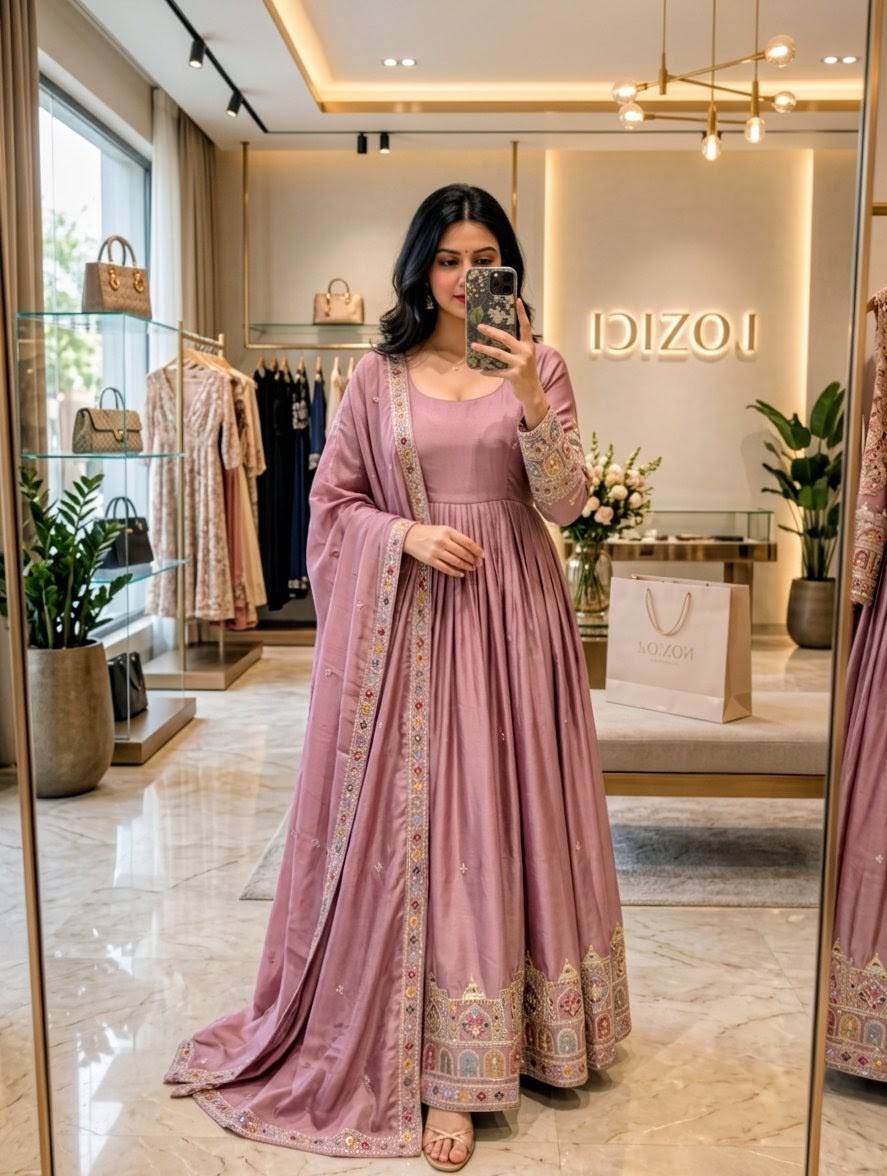 Designer Dusty Lavender Pure Chinon Silk Sequence Embroidery Gown, Pant & Dupatta Set