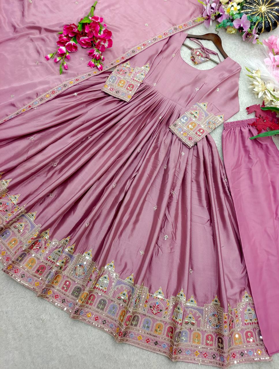 Designer Dusty Lavender Pure Chinon Silk Sequence Embroidery Gown, Pant & Dupatta Set