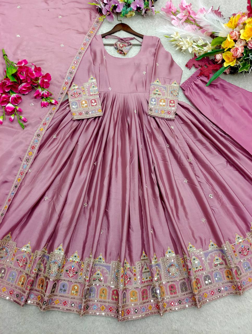 Designer Dusty Lavender Pure Chinon Silk Sequence Embroidery Gown, Pant & Dupatta Set