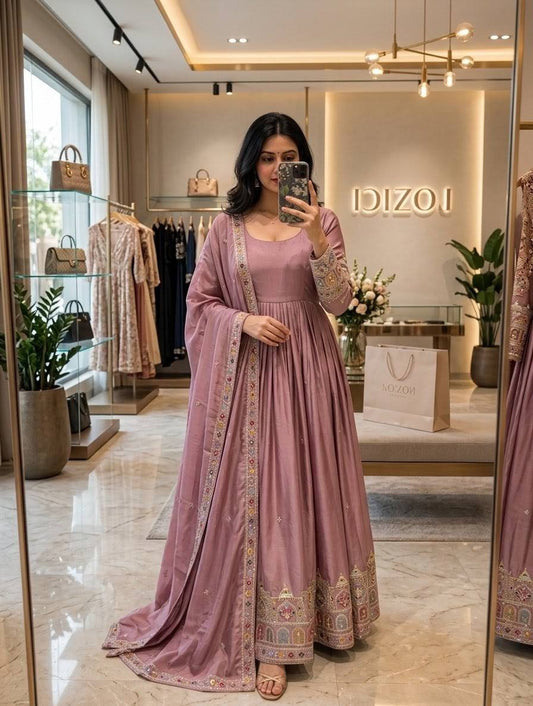 Designer Dusty Lavender Pure Chinon Silk Sequence Embroidery Gown, Pant & Dupatta Set