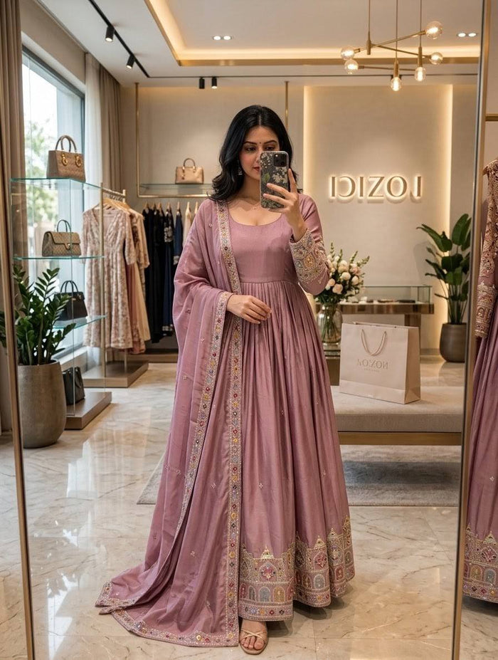 Designer Dusty Lavender Pure Chinon Silk Sequence Embroidery Gown, Pant & Dupatta Set