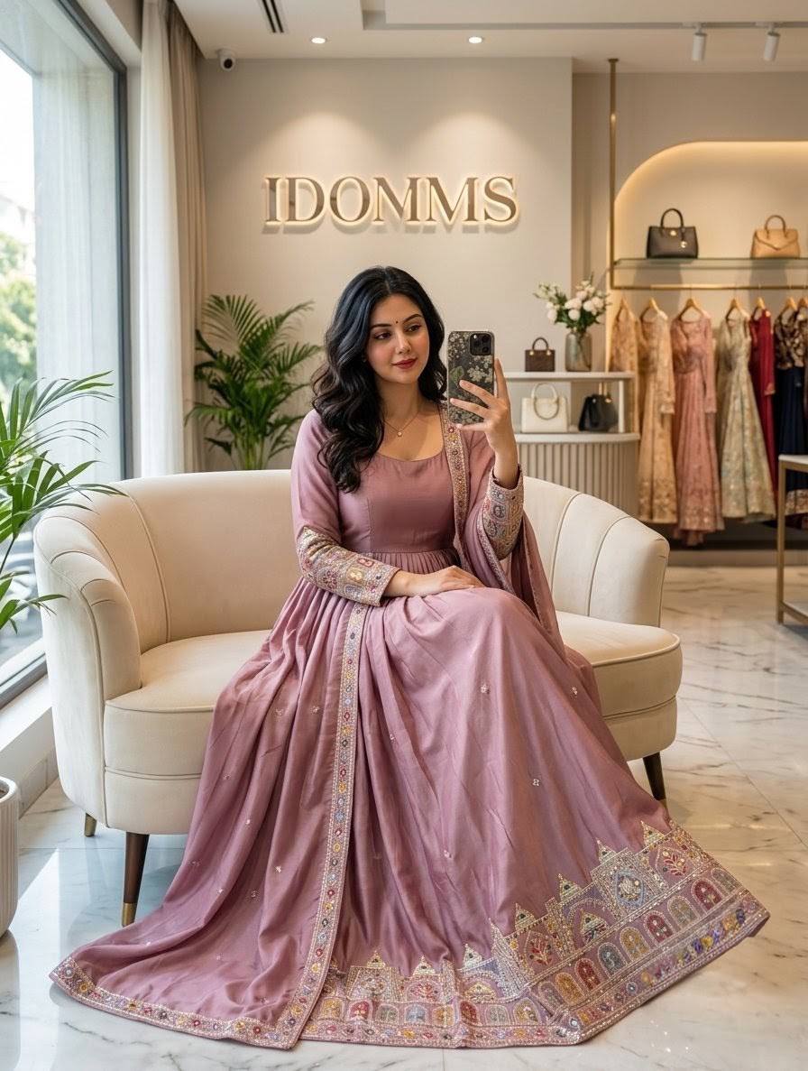Designer Dusty Lavender Pure Chinon Silk Sequence Embroidery Gown, Pant & Dupatta Set