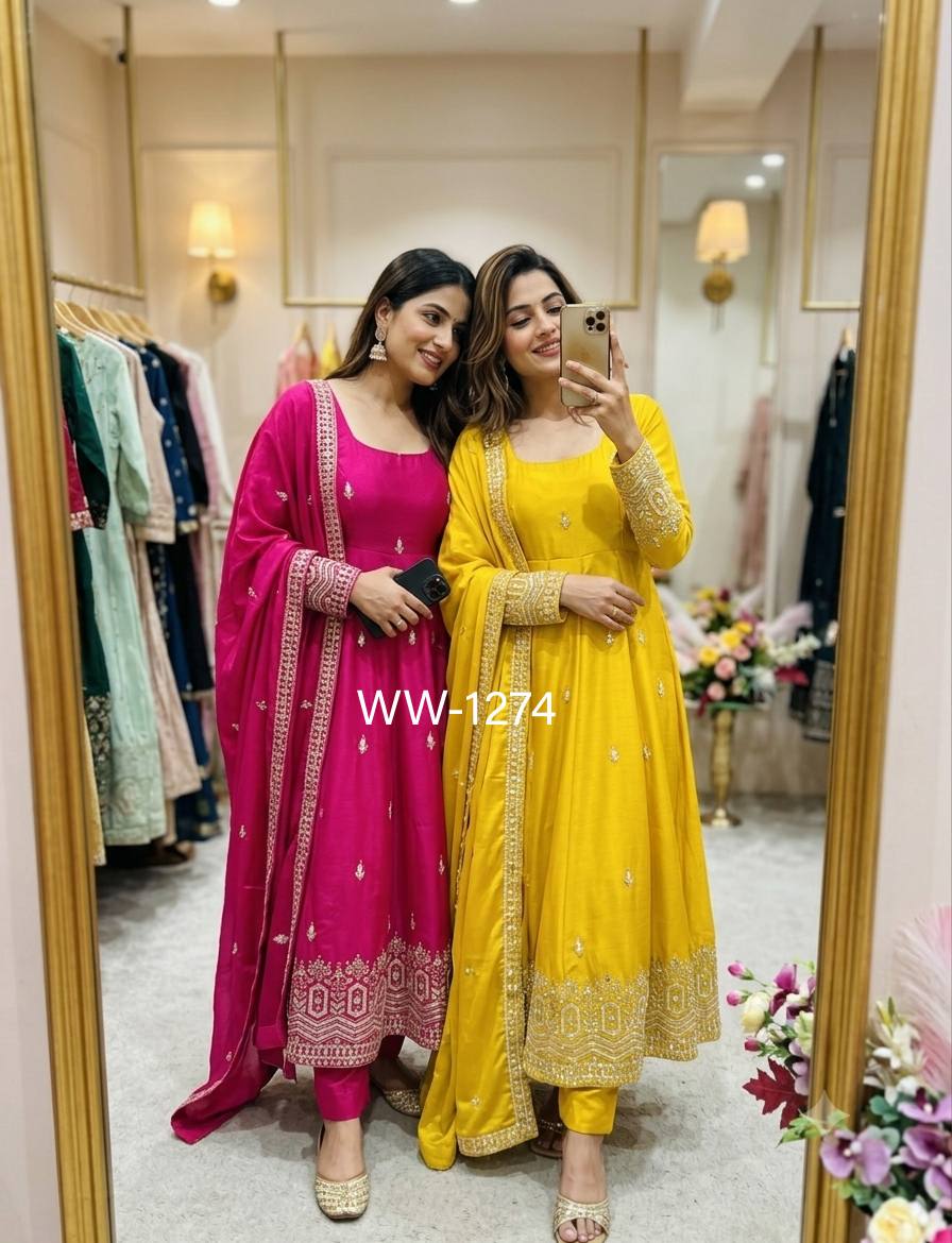 Designer Pure Chinon Silk Sequence Embroidery Gown, Pant & Dupatta Set