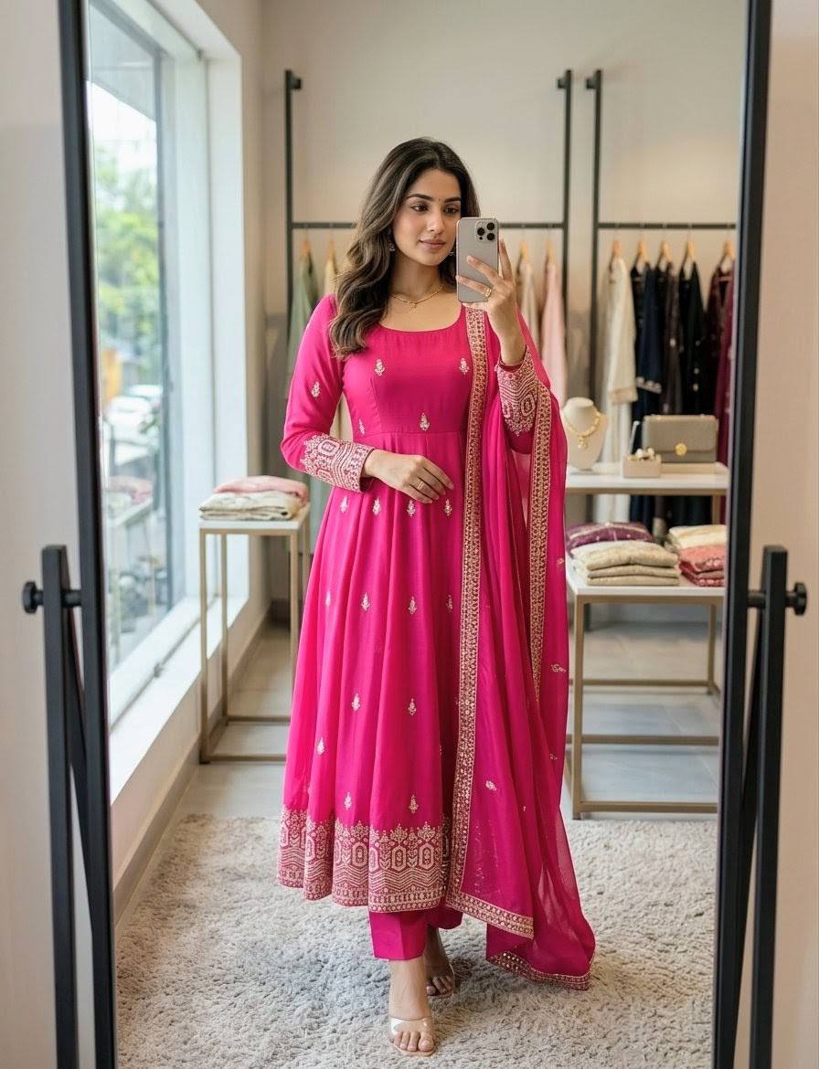 Designer Pure Chinon Silk Sequence Embroidery Gown, Pant & Dupatta Set