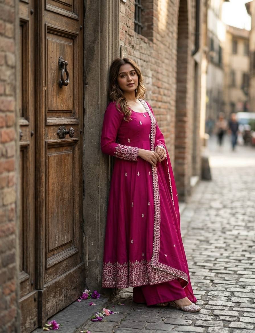 Designer Pure Chinon Silk Sequence Embroidery Gown, Pant & Dupatta Set