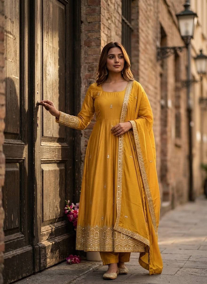 Designer Pure Chinon Silk Sequence Embroidery Gown, Pant & Dupatta Set