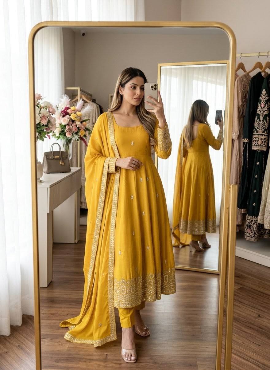 Designer Pure Chinon Silk Sequence Embroidery Gown, Pant & Dupatta Set