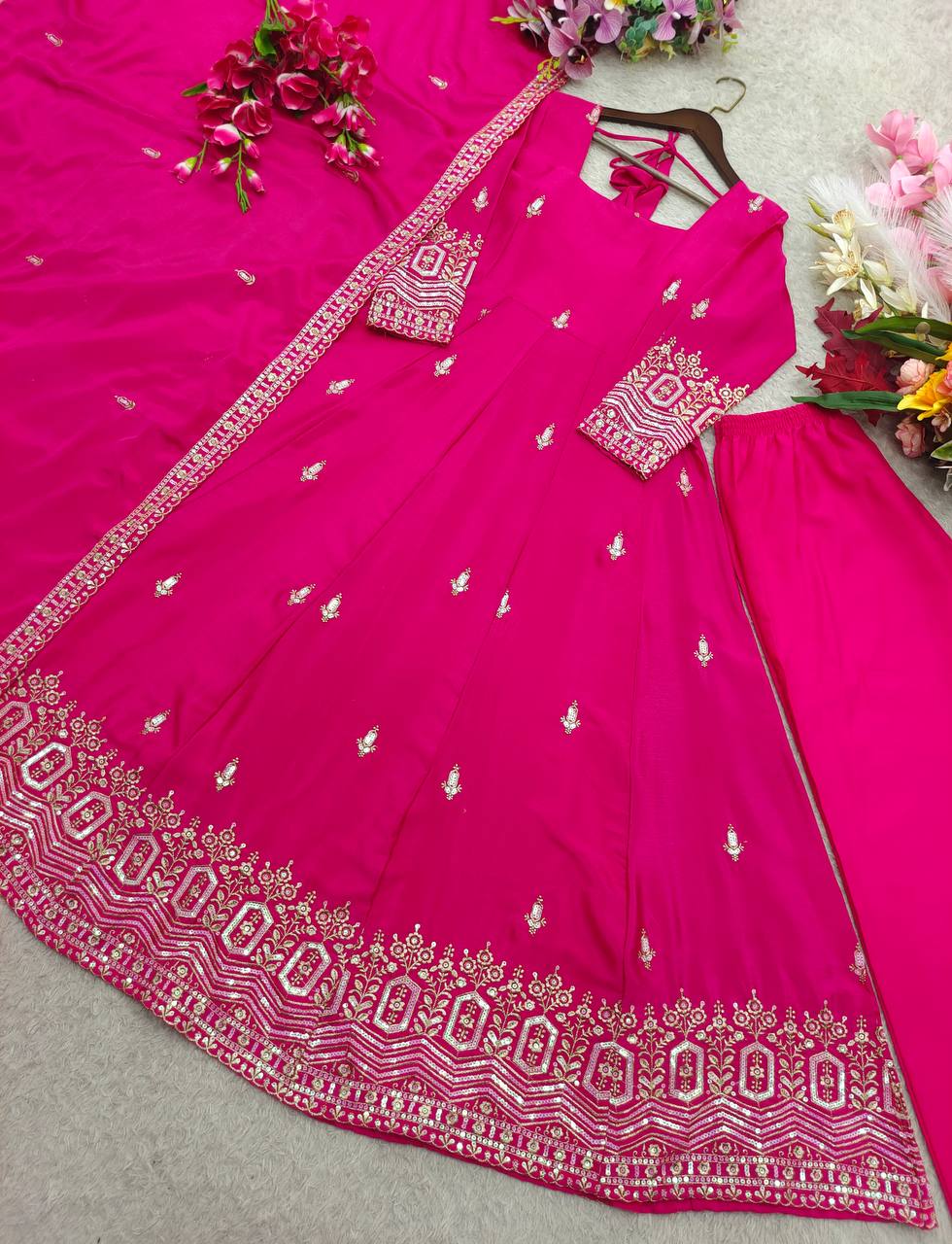 Designer Pure Chinon Silk Sequence Embroidery Gown, Pant & Dupatta Set