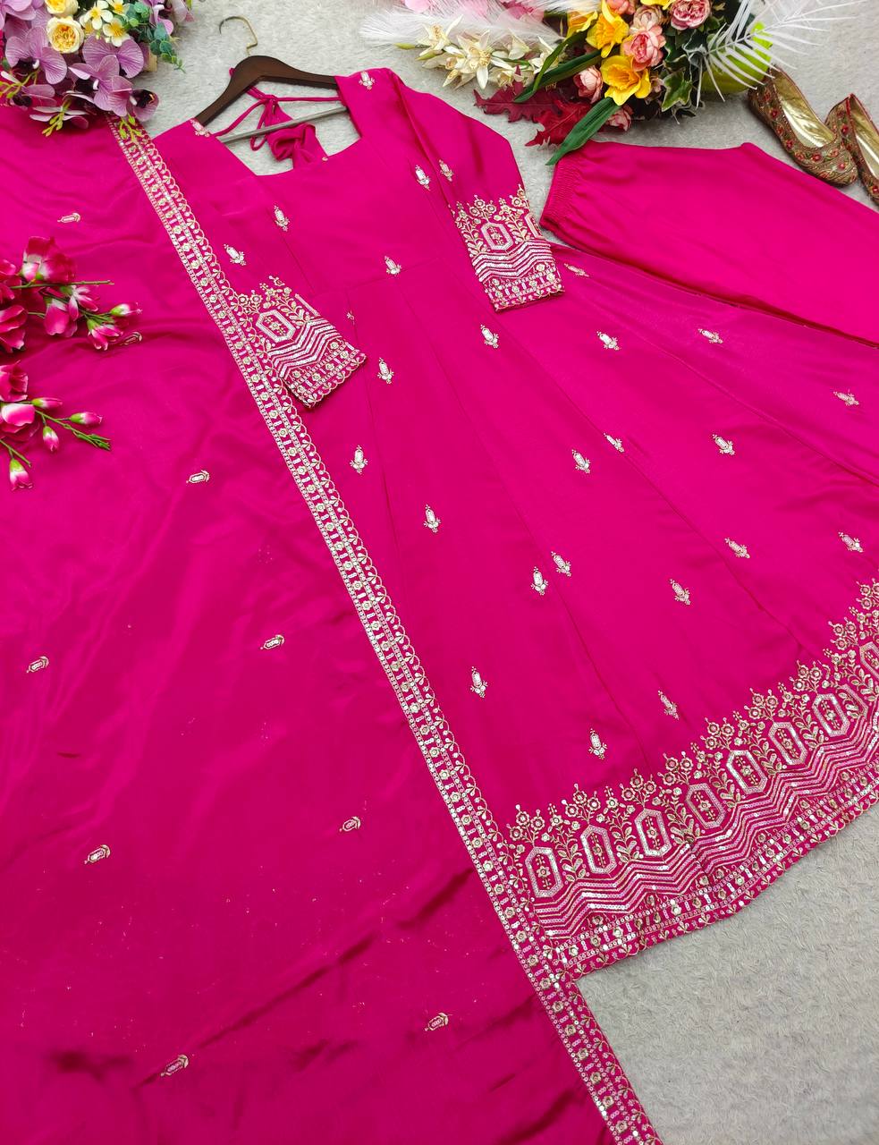 Designer Pure Chinon Silk Sequence Embroidery Gown, Pant & Dupatta Set